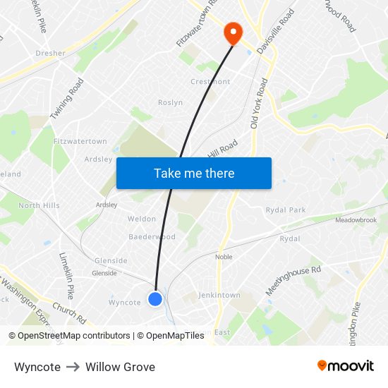 Wyncote to Willow Grove map