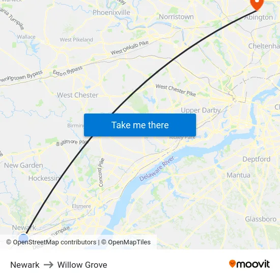 Newark to Willow Grove map