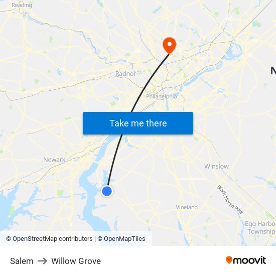 Salem to Willow Grove map