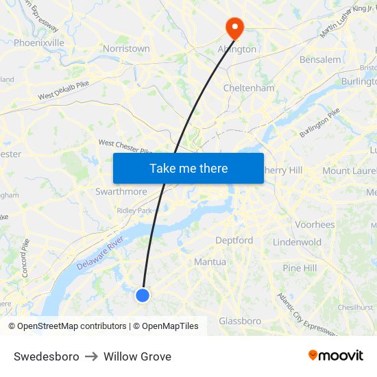 Swedesboro to Willow Grove map