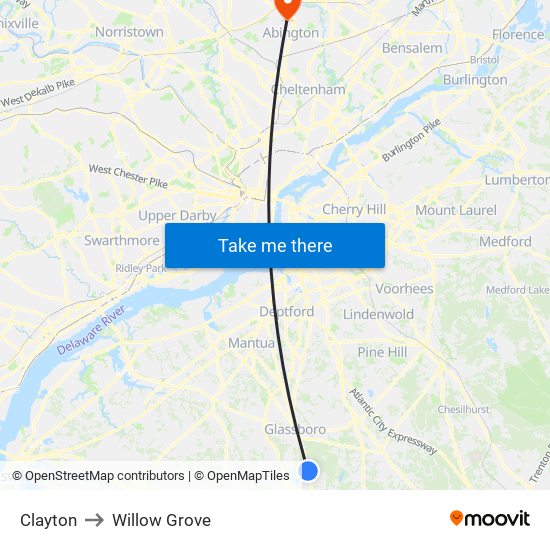 Clayton to Willow Grove map