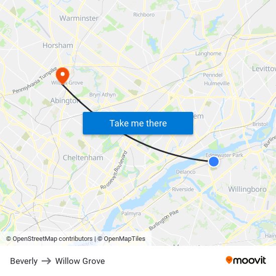 Beverly to Willow Grove map