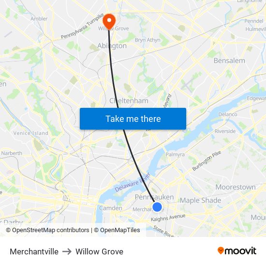 Merchantville to Willow Grove map