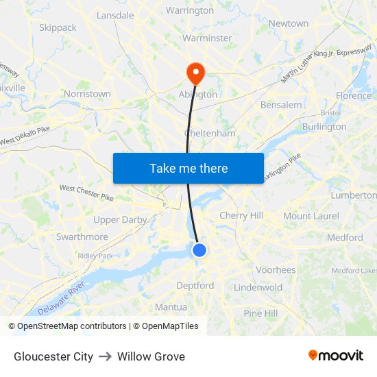 Gloucester City to Willow Grove map