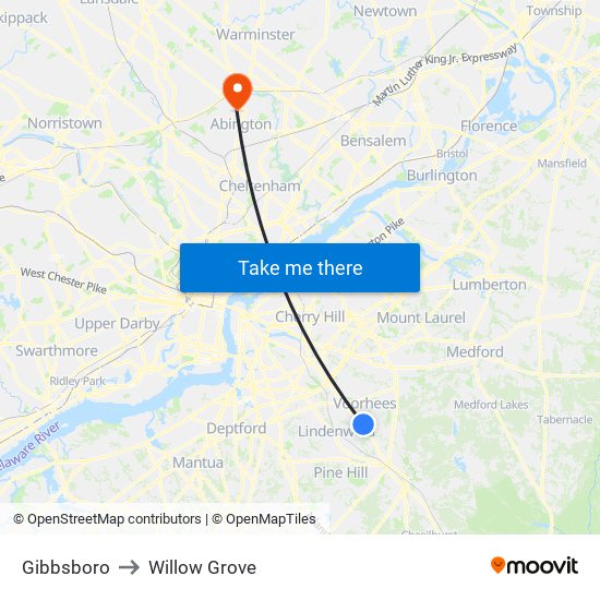 Gibbsboro to Willow Grove map