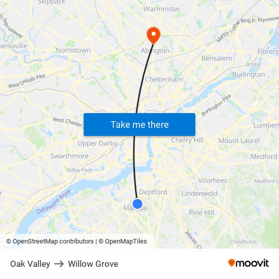 Oak Valley to Willow Grove map