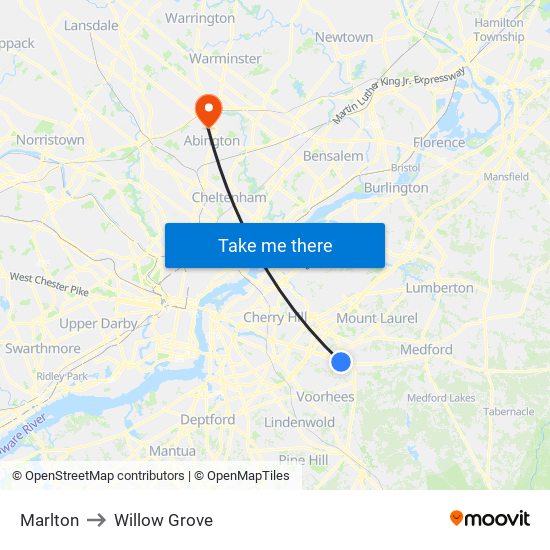 Marlton to Willow Grove map