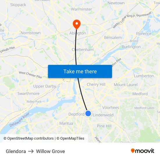 Glendora to Willow Grove map