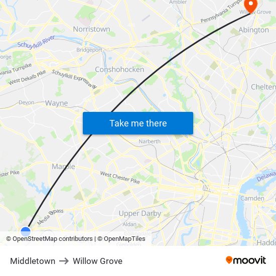 Middletown to Willow Grove map