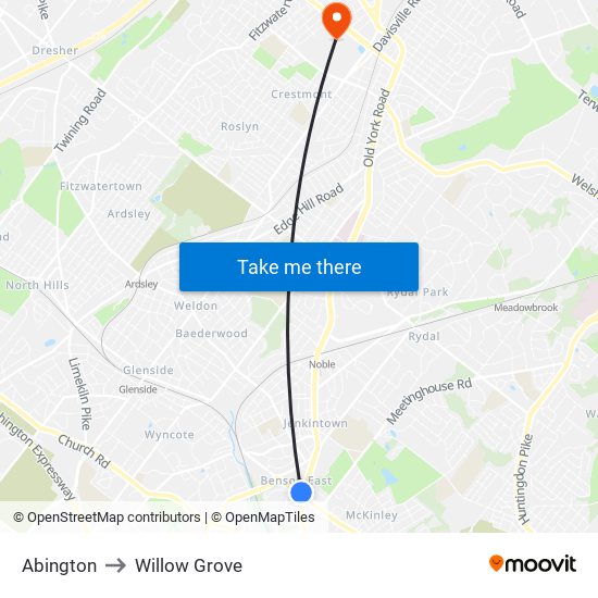 Abington to Willow Grove map
