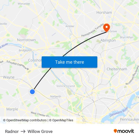Radnor to Willow Grove map