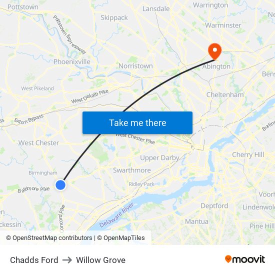 Chadds Ford to Willow Grove map