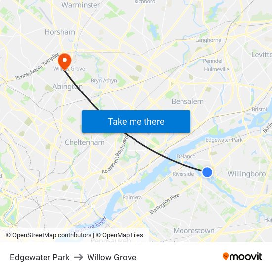 Edgewater Park to Willow Grove map