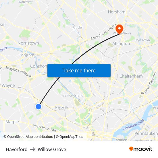 Haverford to Willow Grove map