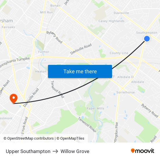 Upper Southampton to Willow Grove map