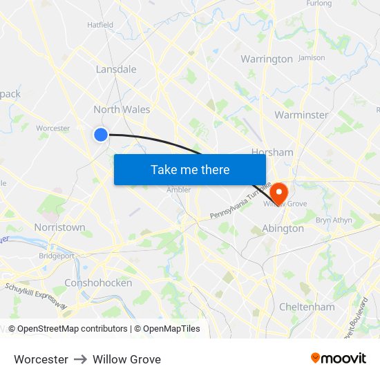 Worcester to Willow Grove map