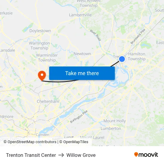 Trenton Transit Center to Willow Grove map