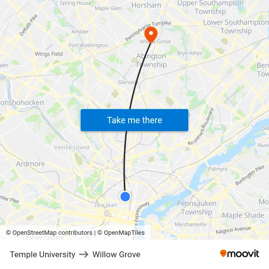 Temple University to Willow Grove map