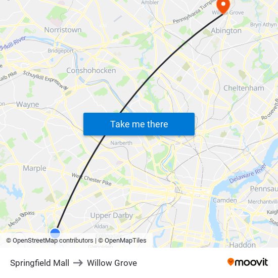 Springfield Mall to Willow Grove map