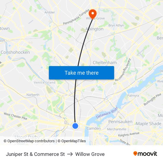 Juniper St & Commerce St to Willow Grove map