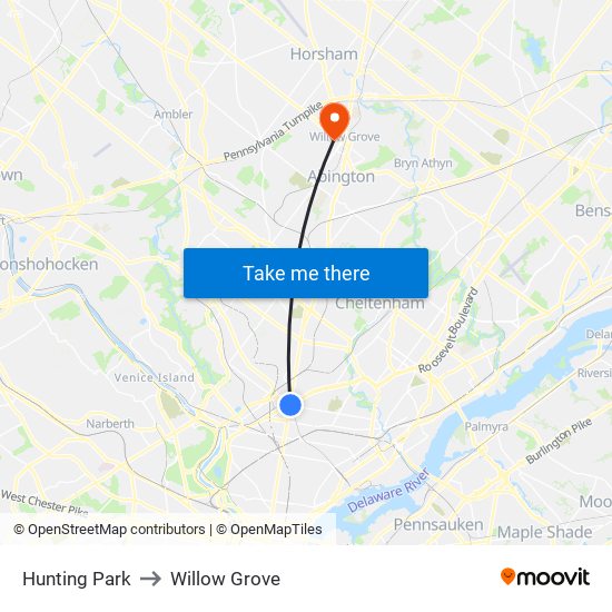 Hunting Park to Willow Grove map