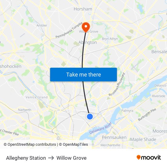Allegheny Station to Willow Grove map