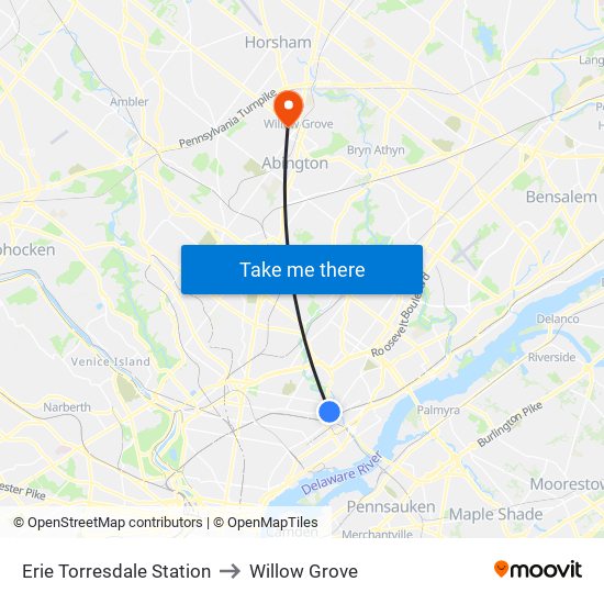 Erie Torresdale Station to Willow Grove map