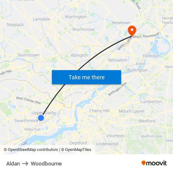 Aldan to Woodbourne map