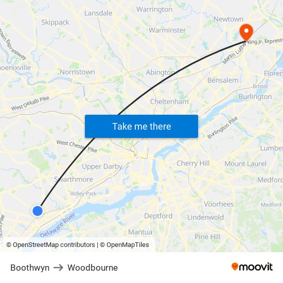 Boothwyn to Woodbourne map