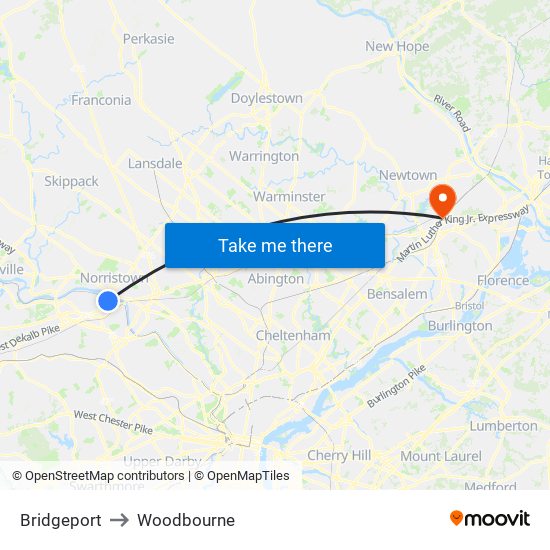 Bridgeport to Woodbourne map