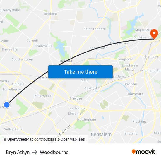 Bryn Athyn to Woodbourne map