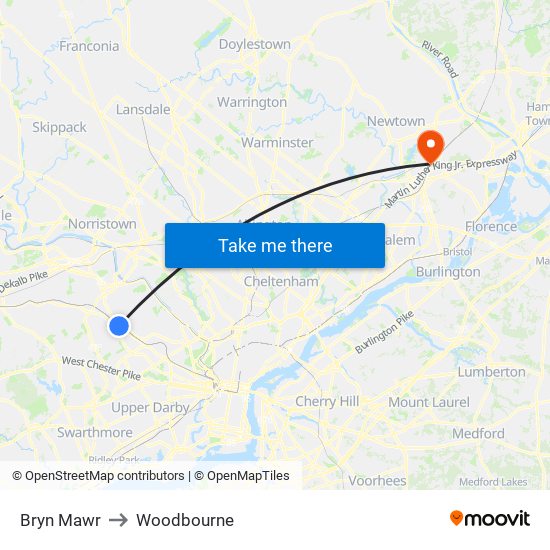 Bryn Mawr to Woodbourne map