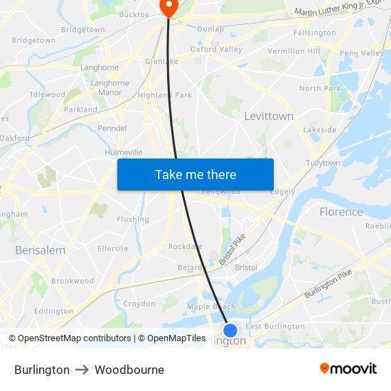 Burlington to Woodbourne map