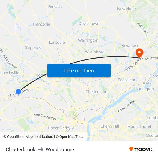 Chesterbrook to Woodbourne map