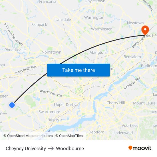Cheyney University to Woodbourne map