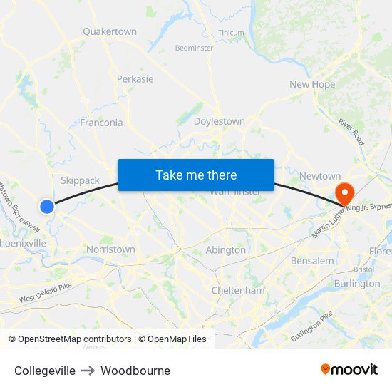 Collegeville to Woodbourne map