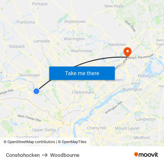 Conshohocken to Woodbourne map