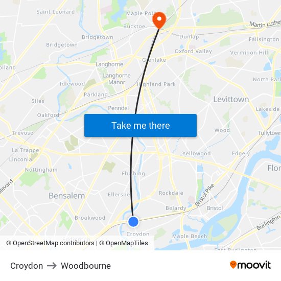 Croydon to Woodbourne map