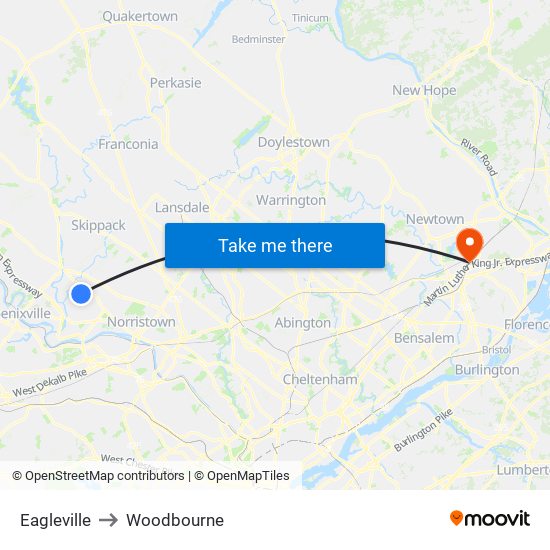 Eagleville to Woodbourne map