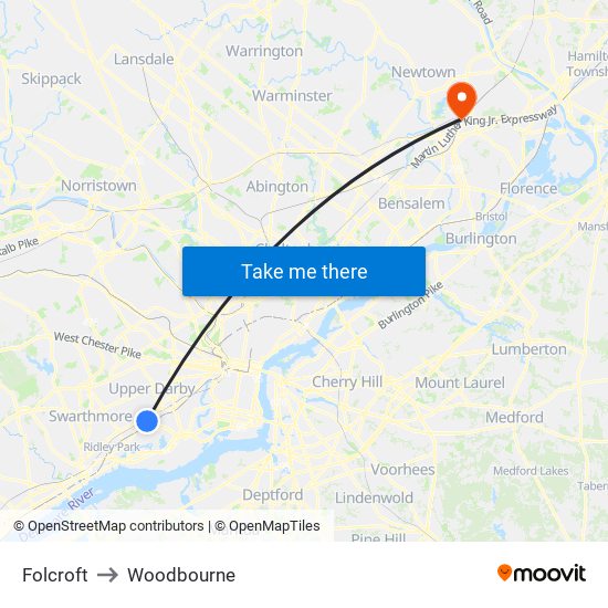 Folcroft to Woodbourne map