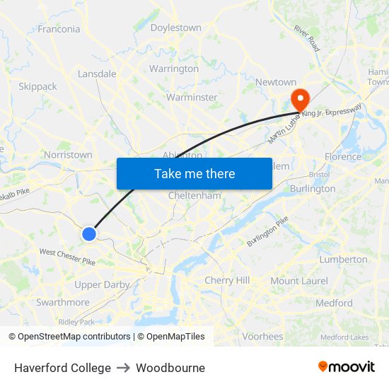 Haverford College to Woodbourne map
