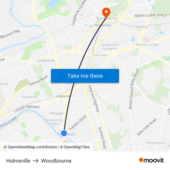 Hulmeville to Woodbourne map