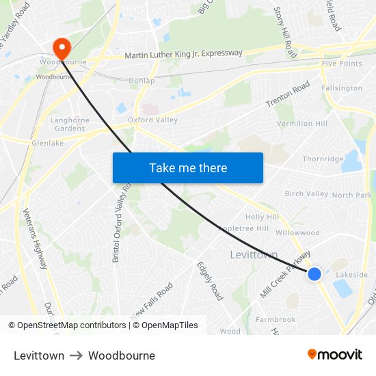 Levittown to Woodbourne map