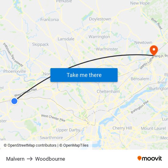 Malvern to Woodbourne map