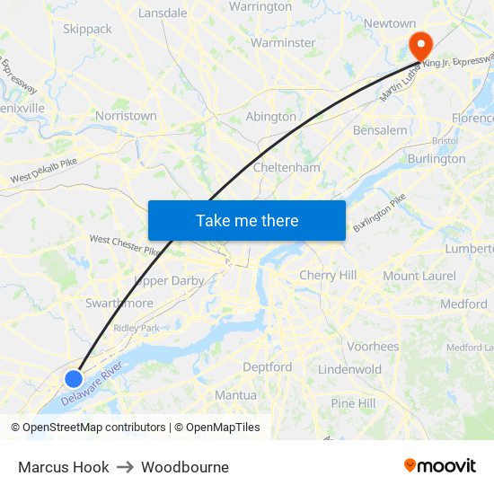 Marcus Hook to Woodbourne map