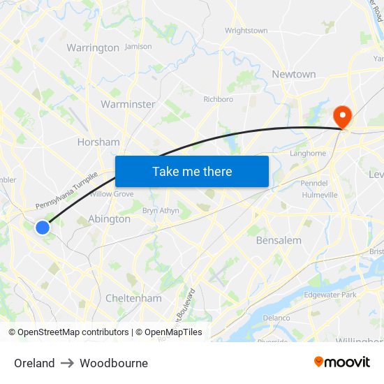 Oreland to Woodbourne map