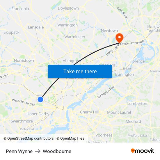 Penn Wynne to Woodbourne map