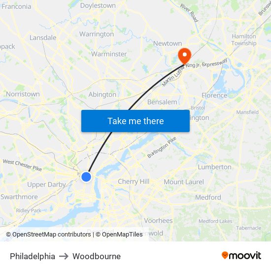 Philadelphia to Woodbourne map