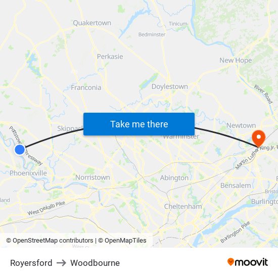 Royersford to Woodbourne map