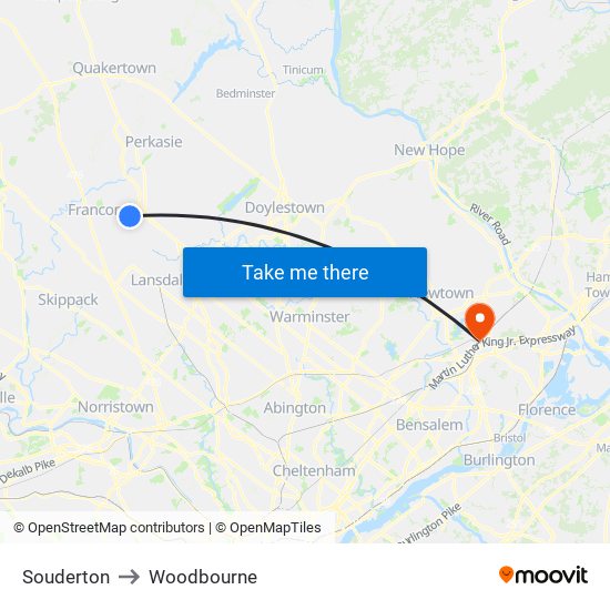 Souderton to Woodbourne map